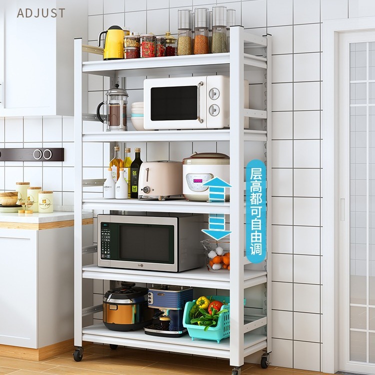 厨房置物架 带轮子围栏碳钢落地加厚多层带收纳架 家用微波炉架子