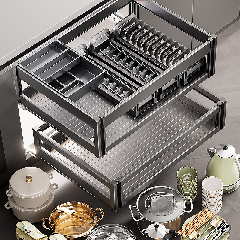 拉籃雙層碗架收纳櫃內铝合